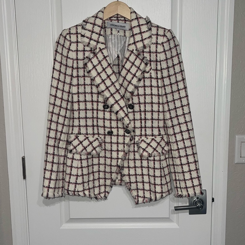 VERONICA BEARD Taja Dickey Double Breasted Cotton Red White Tweed Blazer $570 4 - Picture 3 of 13
